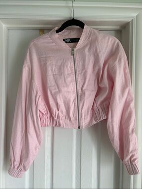 ZARA Soft Pink Cropped linen Bomber Jacket